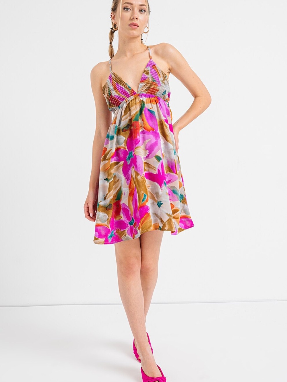 Only Pink Floral Mini Dress with Tan and Green Accents